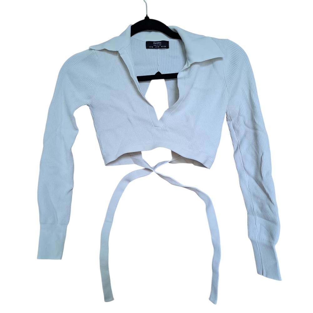 Bershka White Ribbed Cropped Top with Tied Waist - Size M